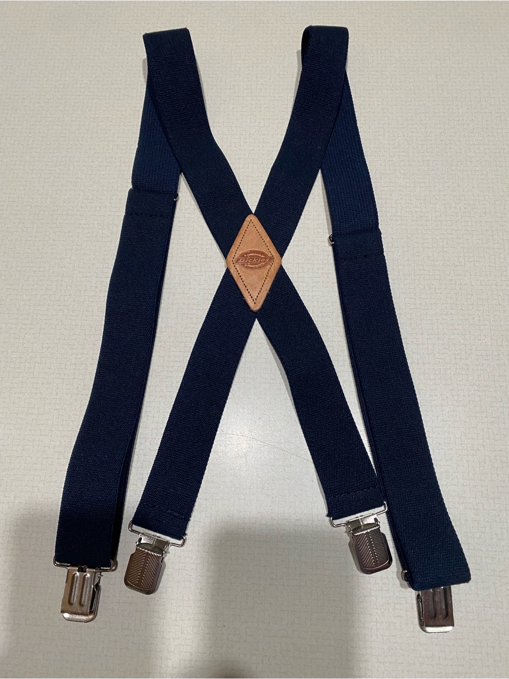 Dickies Navy Blue Elastic Suspenders with Brown Leather Patch